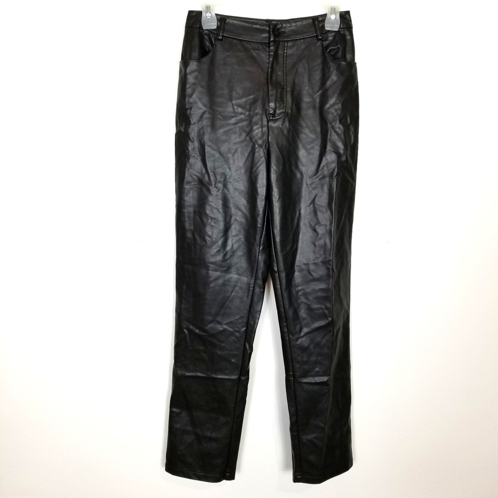 White Fox Women Faux Leather Pants Sz M Black Ankle Button Pockets